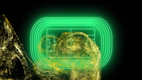 Animation-Einer-Gelben-Digitalen-Welle-über-Einem-Neongrünen-Fußballfeld-Layout-Vor-Schwarzem-Hintergrund