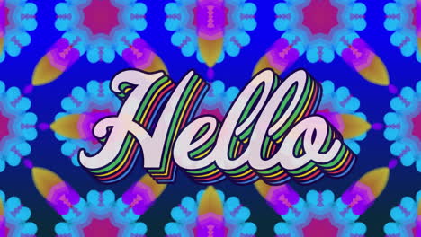 Animation-of-hello-text-banner-with-rainbow-shadow-effect-against-kaleidoscope-pattern-background