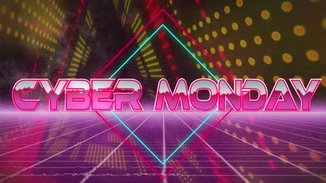 Animation-of-cyber-monday-text-banner-over-grid-network-against-neon-tunnel-in-seamless-pattern
