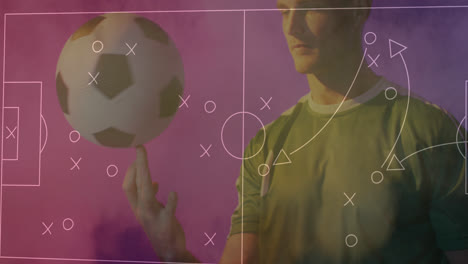 Animation-of-football-game-tactical-diagram-over-caucasian-male-football-player-spinning-ball