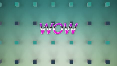 Animation-of-wow-text-banner-against-3d-sqaure-shapes-on-blue-gradient-background