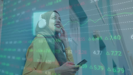 Animation-of-data-processing-over-biracial-woman-in-hijab-listening-to-music-using-smartphone