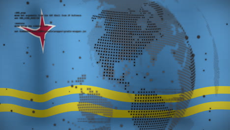 Animation-Eines-Sich-Drehenden-Globus-Und-Datenverarbeitung-Vor-Dem-Hintergrund-Einer-Wehenden-Aruba-Flagge