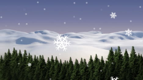 Animation-of-snowflakes-falling-over-trees-on-winter-landscape-against-purple-background