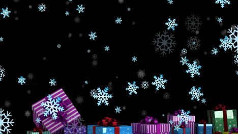 Animation-Von-Schneeflocken,-Die-über-Weihnachtsgeschenk-Symbole-Auf-Schwarzem-Hintergrund-Mit-Kopierraum-Fallen