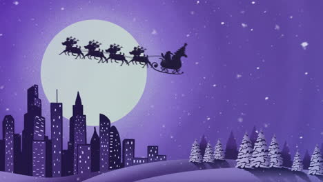 Animation-of-silhouette-of-santa-claus-in-sleigh-pulled-by-reindeers-over-cityscape-against-moon