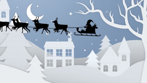 Animation-Des-Weihnachtsmanns-Im-Von-Rentieren-Gezogenen-Schlitten-über-Der-Winterlandschaft-Und-Dem-Nachthimmel