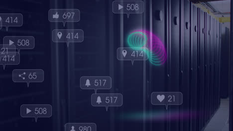 Animation-Von-Neonkreisen-Und-Social-Media-Reaktionen-über-Server