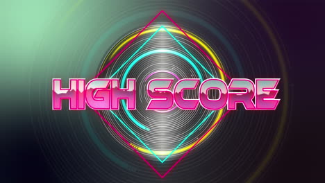 Animation-of-high-score-text-banner-over-spinning-neon-round-scanner-against-grey-background