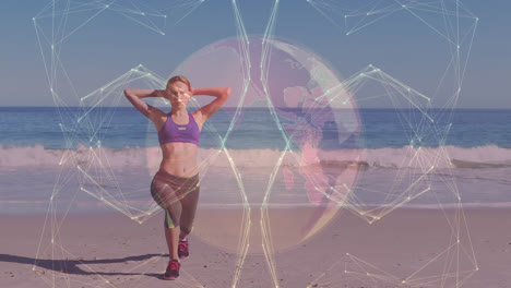 Animation-of-network-of-connections-and-globe-over-practicing-yoga-on-the-beach