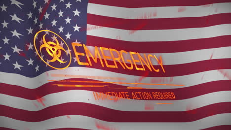 Animation-of-emergency-text-banner-with-biohazard-symbol-against-waving-usa-flag-background