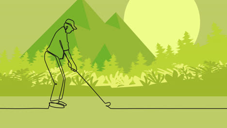 Animación-Del-Dibujo-De-Un-Jugador-De-Golf-Masculino-Sobre-Un-Paisaje