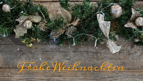 Animation-of-snow-falling-over-frohe-weihnachten-text-banner-and-decorations-on-wooden-surface