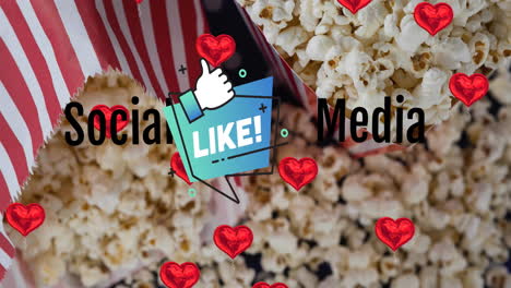 Animation-of-like-text-and-icon-over-red-hearts-and-popcorn