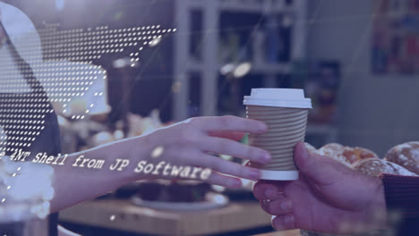 Animation-Der-Datenverarbeitung-Und-Weltkarte-über-Dem-Mittelteil-Einer-Kellnerin,-Die-In-Einem-Café-Kaffee-Serviert