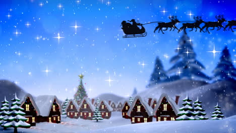 Animation-Von-Schnee,-Der-Auf-Den-Weihnachtsmann-Im-Schlitten-Fällt,-Der-Von-Rentieren-über-Eine-Winterlandschaft-Gezogen-Wird