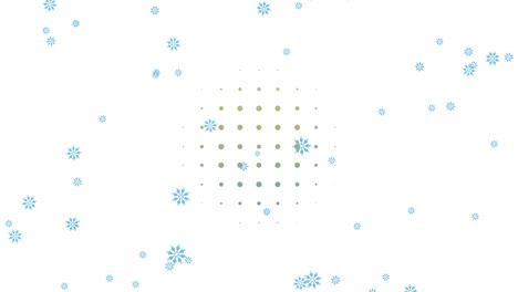 Animation-of-snowflakes-falling-and-circles-moving-in-loop-with-abstract-pattern-on-white-background