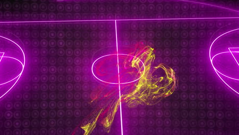 Animation-Einer-Gelben-Und-Rosa-Digitalen-Welle-über-Einem-Neonvioletten-Fußballfeldlayout-Auf-Schwarzem-Hintergrund