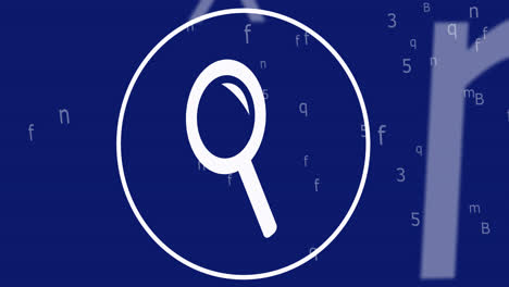 Animation-of-digital-magnifying-glass-icon,-letters-and-data-processing-on-blue-icon