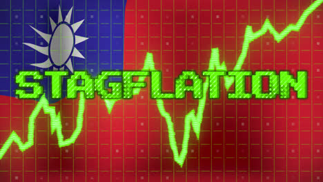 Animation-of-data-processing-and-stagflation-text-over-flag-of-taiwan
