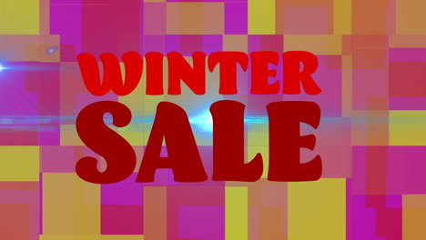 Animation-of-winter-sale-text-banner-against-abstract-square-shapes-spinning-and-blue-light-spot