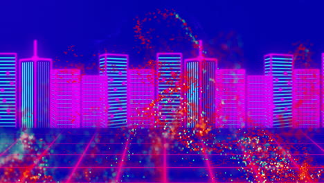 Animation-of-red-digital-wave-over-grid-network-against-3d-city-model-on-blue-background