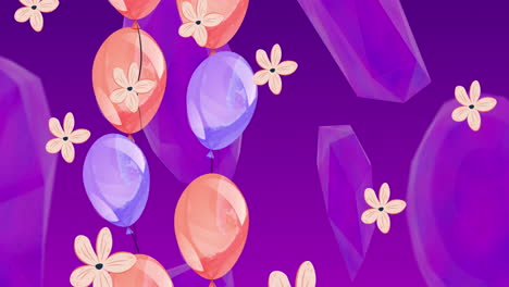 Animation-Von-Bunten-Luftballons-Und-Blumensymbolen,-Die-Vor-Kristallen-Auf-Violettem-Hintergrund-Schweben