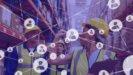 Animation-of-network-of-profiles-over-diverse-supervisors-and-workers-checking-stock-at-warehouse