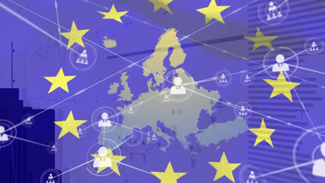 Animation-Eines-Netzwerks-Aus-Profilsymbolen-Und-Datenverarbeitung-Vor-Wehender-EU-Flagge-Und-Karte