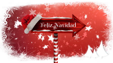 Animation-of-feliz-navidad-text-over-red-sign-and-stars-falling-on-red-background