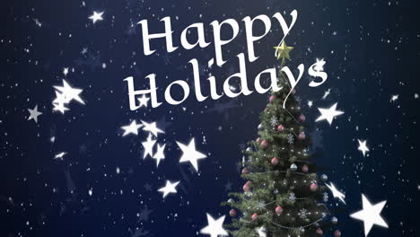 Animation-Von-Sternen-Und-Schnee,-Der-über-Ein-Textbanner-Mit-Frohen-Feiertagen-Und-Einen-Weihnachtsbaum-Fällt