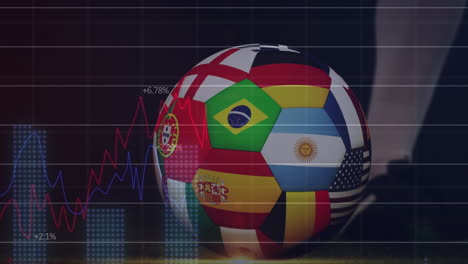 Animation-of-graph-processing-data-over-legs-of-footballer-kicking-ball-with-international-flags