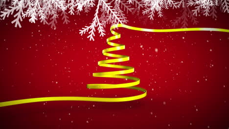 Animation-of-snow-falling-and-branches-over-ribbon-forming-a-christmas-tree-against-red-background