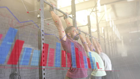 Animation-of-graph-processing-data-over-diverse-male-group-training-on-pull-up-bars-at-gym