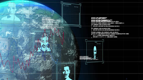 Animation-Von-Computersprache,-Grafiken-Und-Profilbildern-Vor-Einem-Globus-Auf-Abstraktem-Hintergrund