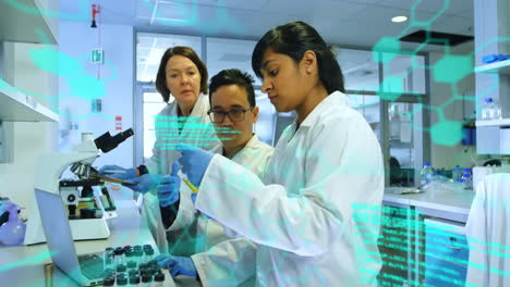 Animation-of-medical-data-processing-over-group-of-diverse-scientists-working-at-laboratory