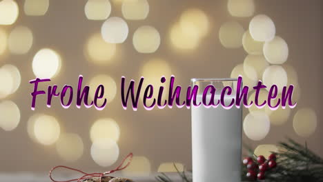 Frohe-weihnachten-text-in-purple-over-milk-and-cookies-for-father-christmas-and-bokeh-background
