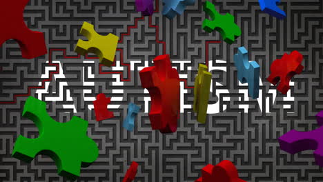 Animation-Von-Puzzleteilen,-Die-über-Einen-Autismustext-Und-Ein-Labyrinth-Fallen
