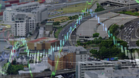 Animation-of-financial-data-processing-against-aerial-view-of-time-lapse-of-city-traffic