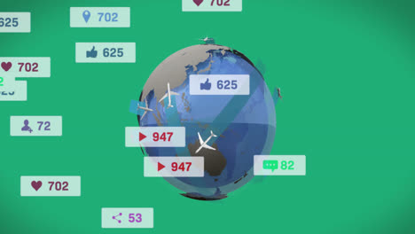 Animation-of-social-media-icons-and-airplane-icons-over-spinning-globe-against-green-background