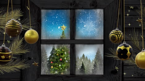 Swinging-black-and-gold-baubles-over-window-with-christmas-tree-and-falling-snow-outside