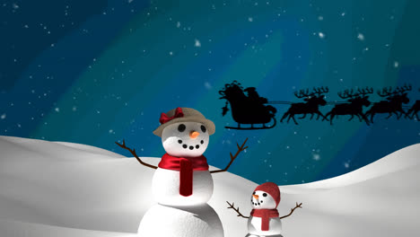 Animation-of-santa-claus-sleigh-over-two-snowmen-and-winter-scenery