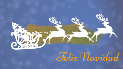 Animation-of-feliz-navidad-text-banner-and-christmas-tree-in-sleigh-being-pulled-by-reindeers