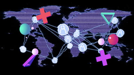 Animation-Von-Social-Media-Personensymbolen-über-Der-Weltkarte-Auf-Schwarzem-Hintergrund
