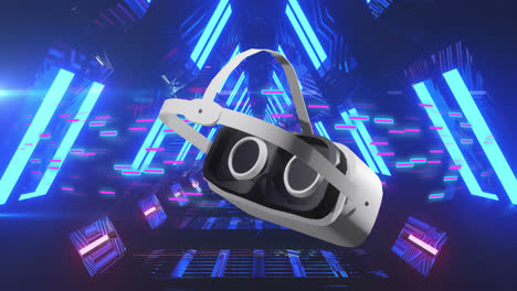 Animation-of-vr-headset-over-neon-lights-moving-on-black-background