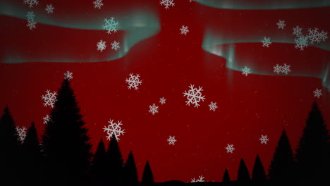 Animation-of-christmas-tree-silhouettes-over-snowflakes-falling-on-aurora-borealis-red-background