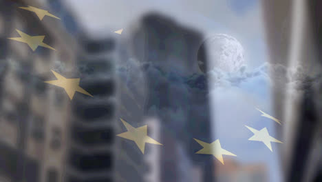 Animation-of-european-union-flag-over-office-buildings