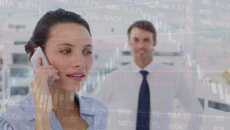 Animation-of-stock-market-data-processing-on-caucasian-businesswoman-talking-on-smartphone-at-office