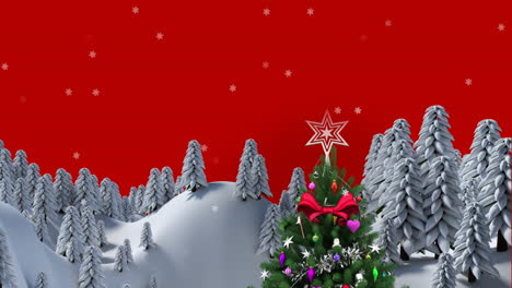 Animation-of-snow-falling-over-christmas-tree-on-winter-landscape-against-red-background
