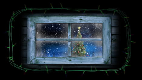 Frame-of-coloured-string-lights-flashing-around-window-with-view-of-christmas-tree-and-falling-snow